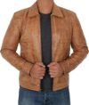 Reeves Yellow Distressed Leather Jacket Mens - Image 3