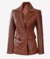 Double Breasted Premium Cognac Leather Coat for Women’s - Image 3