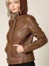 Lock and Love Women's Removable Hooded Leather Jacket Moto Biker Coat - Tan - Image 6