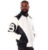 Men’s 8 Ball Leather Hooded Bomber Jacket White/Black - Image 2