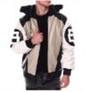 Mens 8 Ball Sand Bomber Leather Jacket – Faux Fur Hood - Image 2