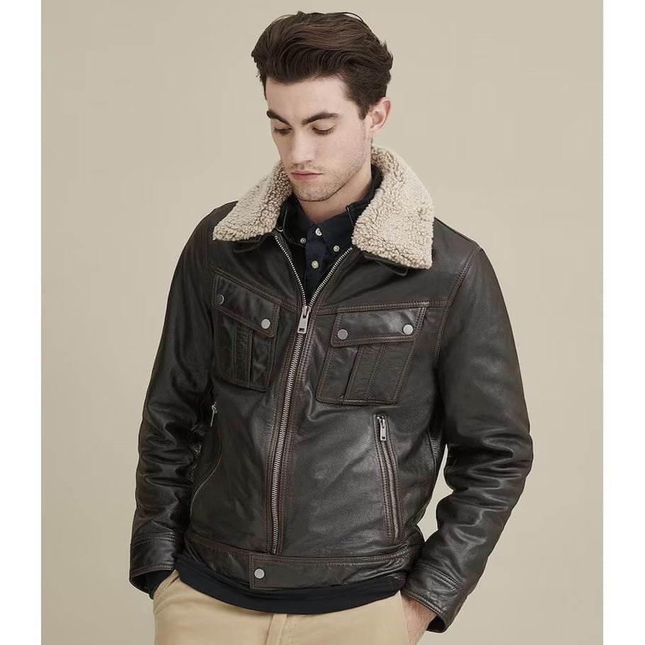 Mens-Black-Leather-Shearling-Col Men's Black Leather Shearling Collar Jacket - Image 1