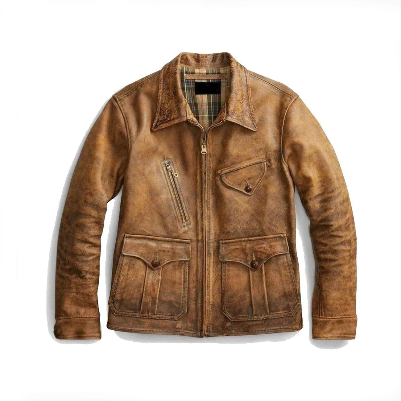 Newboy Vintage Style Distressed Tan Leather Jacket Men’s h Newboy Style Distressed Tan Leather Jacket Men’s - Image 1