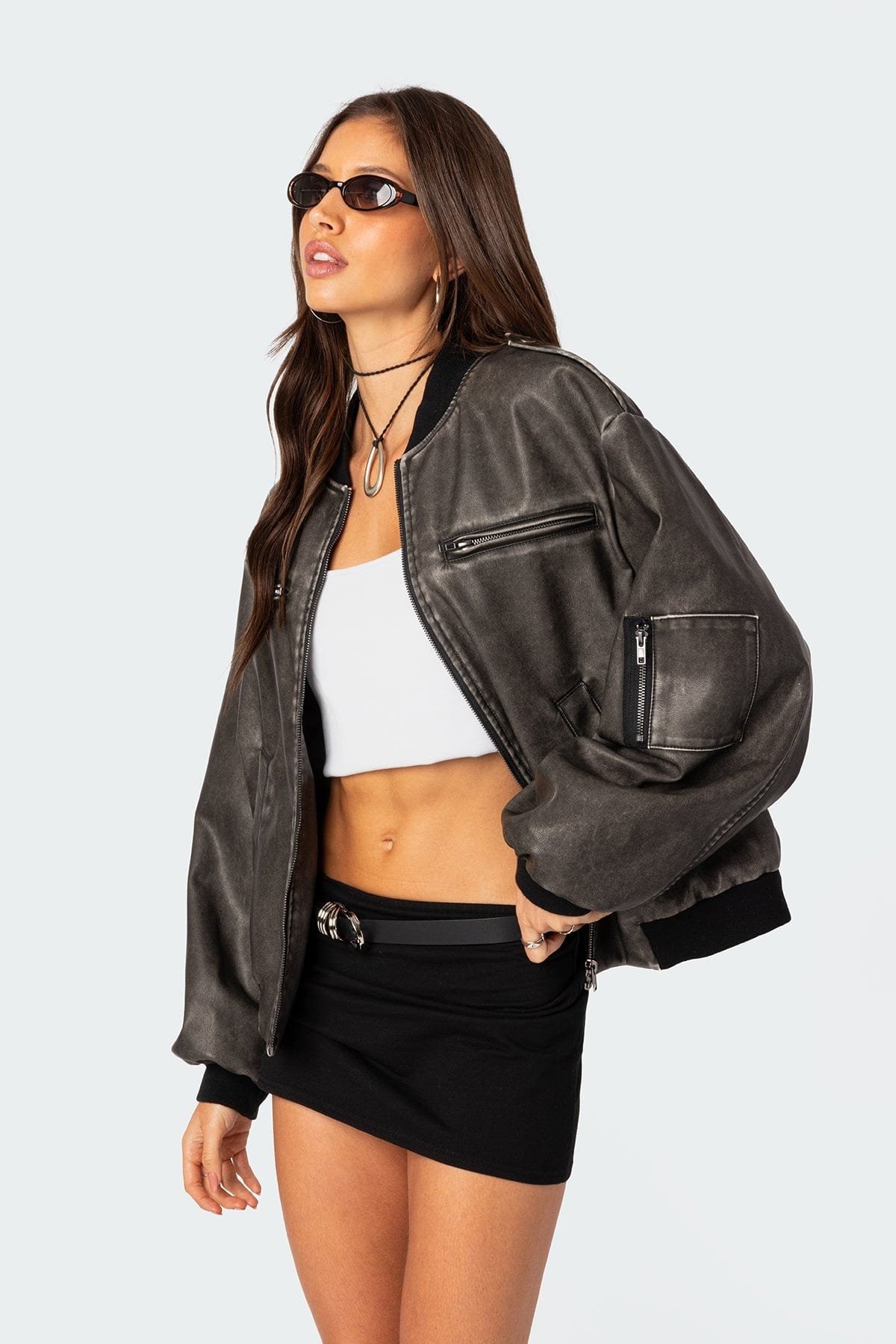 Vava Washed Faux Leather Bomber Jacket h Vava Washed Real Leather Bomber Jacket - Image 1